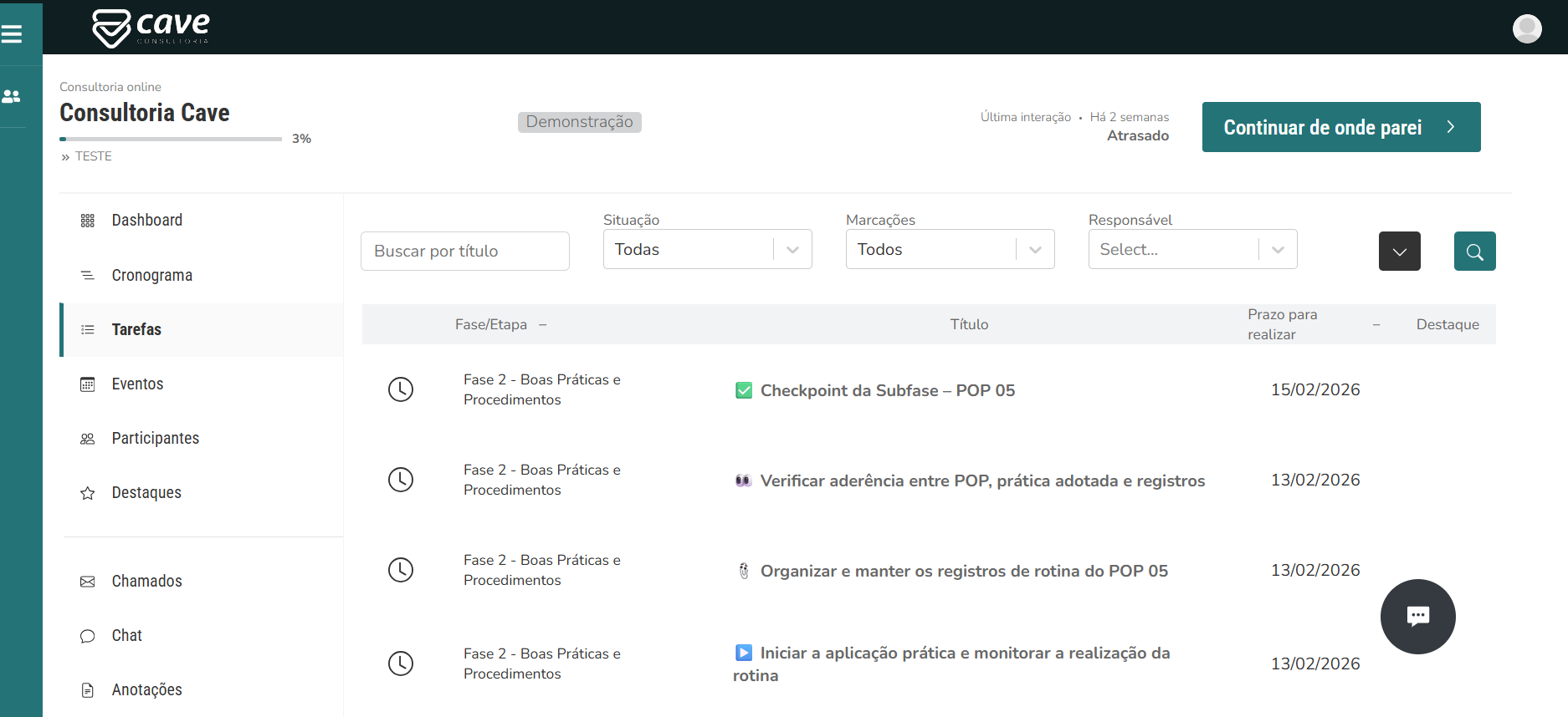 Plataforma CAVE — tela de tarefas e cronograma da consultoria